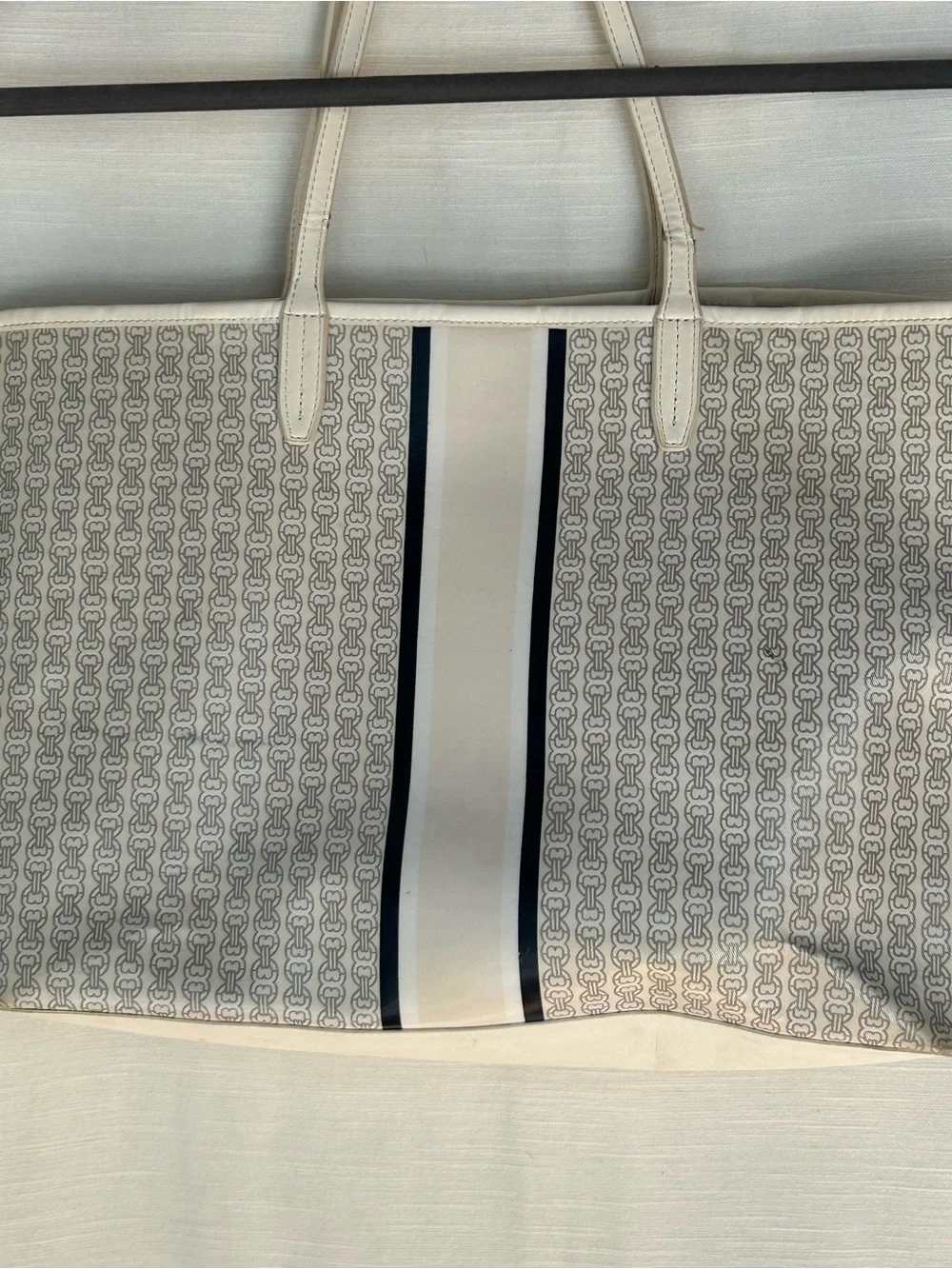Tory Burch Cream Classic Preppy Logo-Print Tote with Navy Stripe